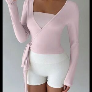 SHEIN Pale Pink Long Sleeve Wrap Crop Top